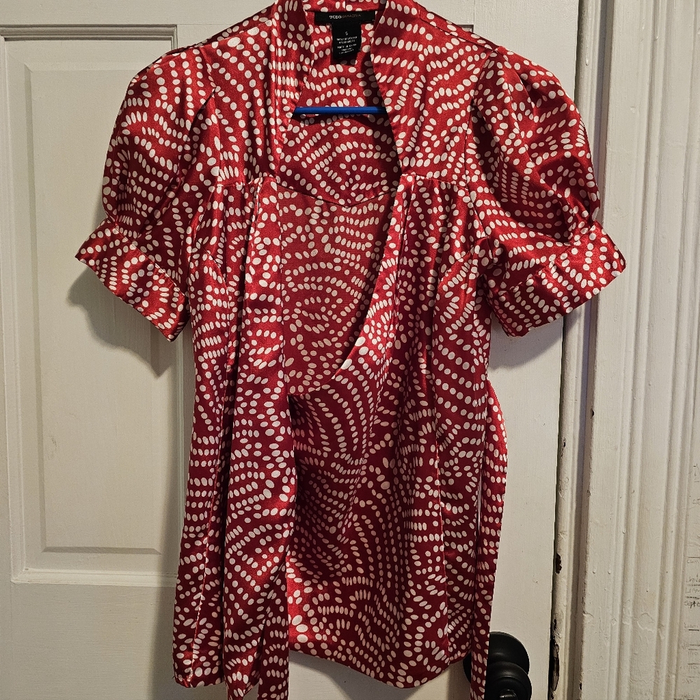 BCBGMaxAzria Red and White Polka Dot Wrap Blouse - Picture 5 of 5